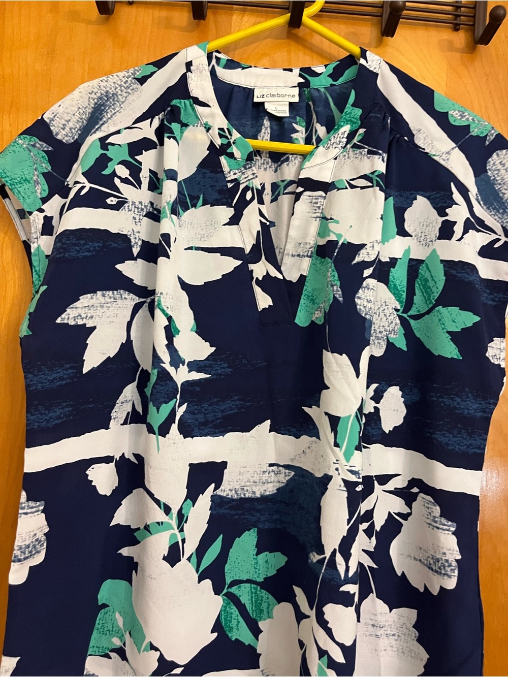 Liz Claiborne Navy Floral Top with White and Teal Leaves